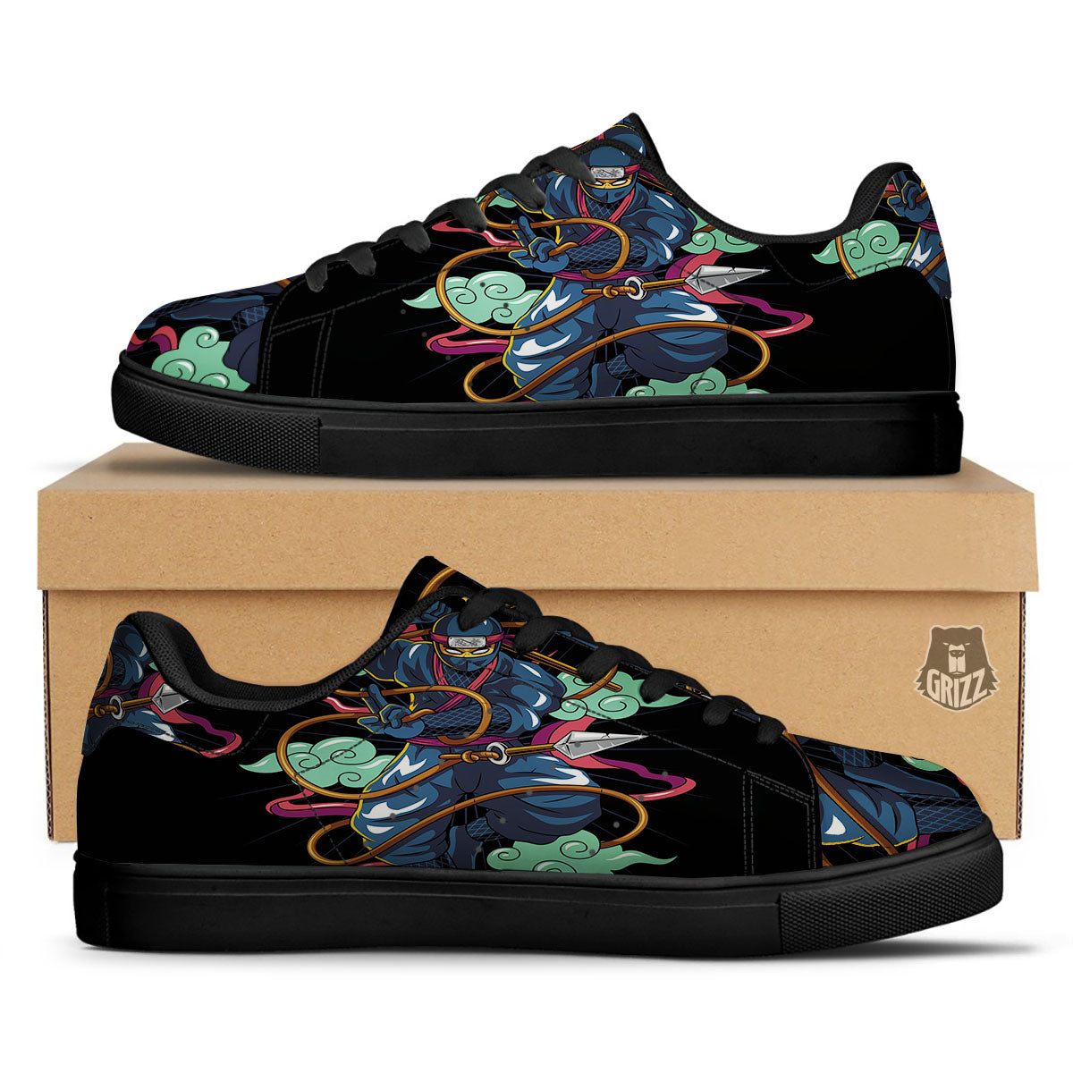 Warrior Ninja Print Black Low Top Sneakers-grizzshop