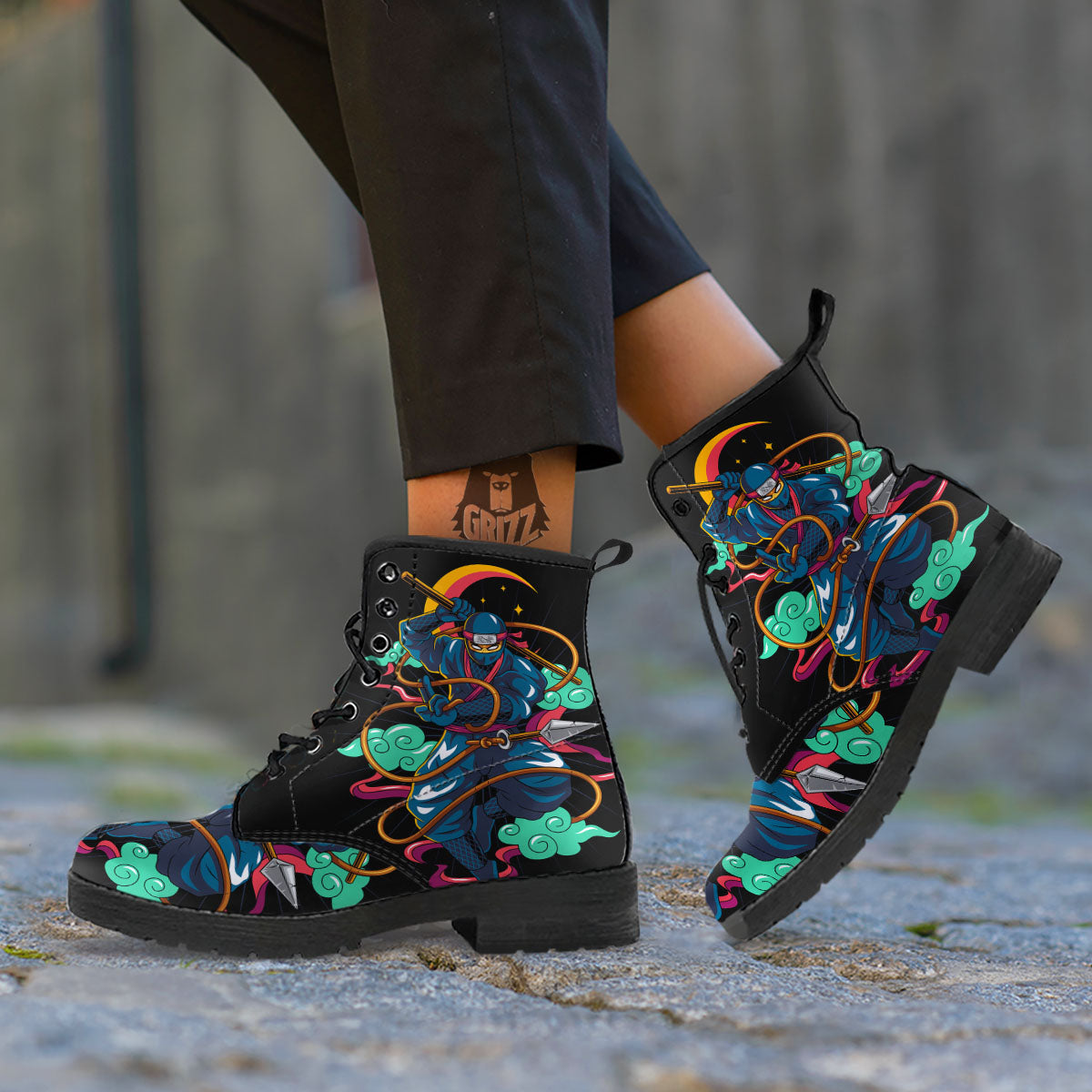 Warrior Ninja Print Leather Boots-grizzshop