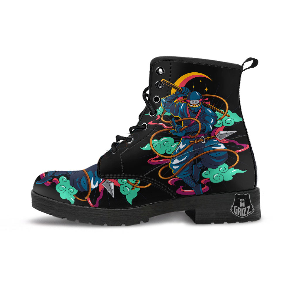Warrior Ninja Print Leather Boots-grizzshop