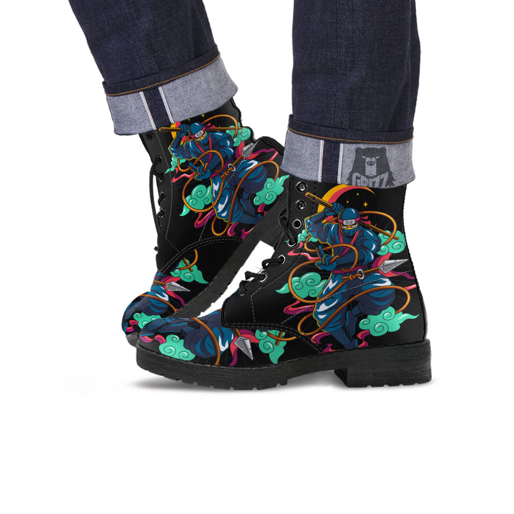 Warrior Ninja Print Leather Boots-grizzshop