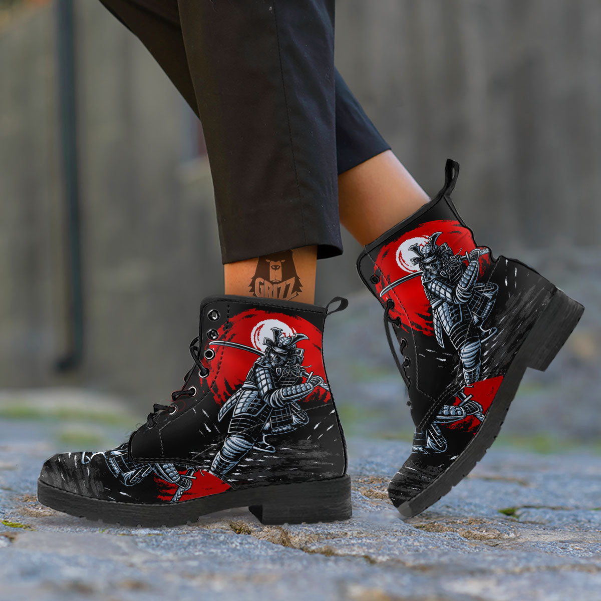 Warrior Samurai Dark Print Leather Boots-grizzshop