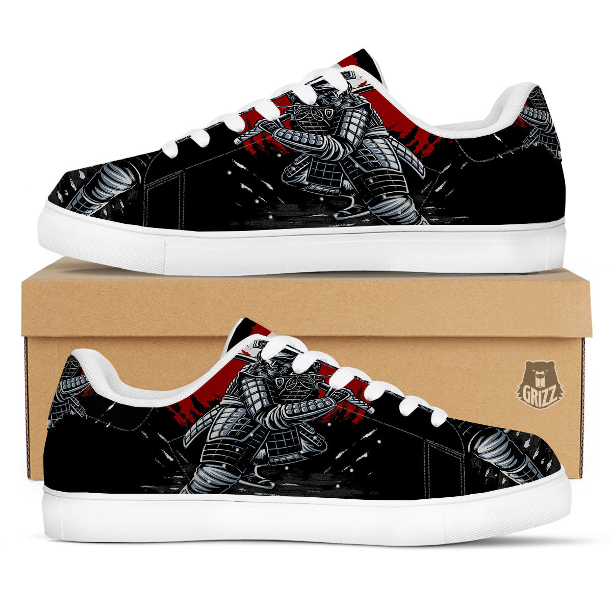 Warrior Samurai Dark Print White Low Top Sneakers-grizzshop