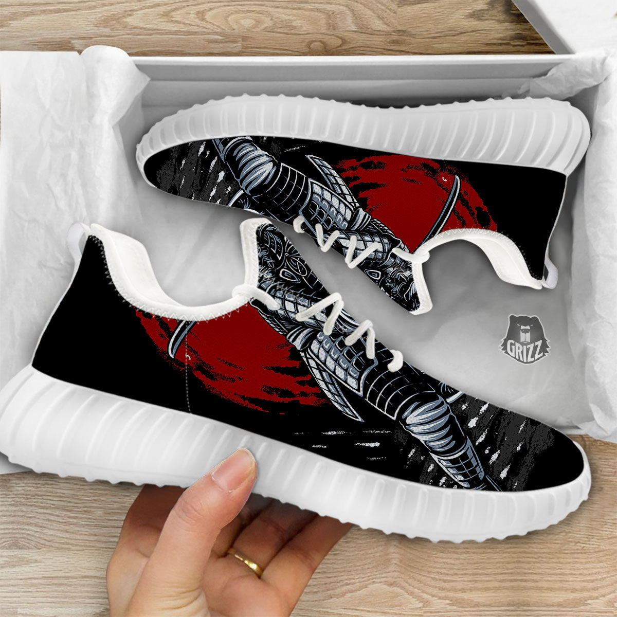 Warrior Samurai Dark Print White Walking Shoes-grizzshop