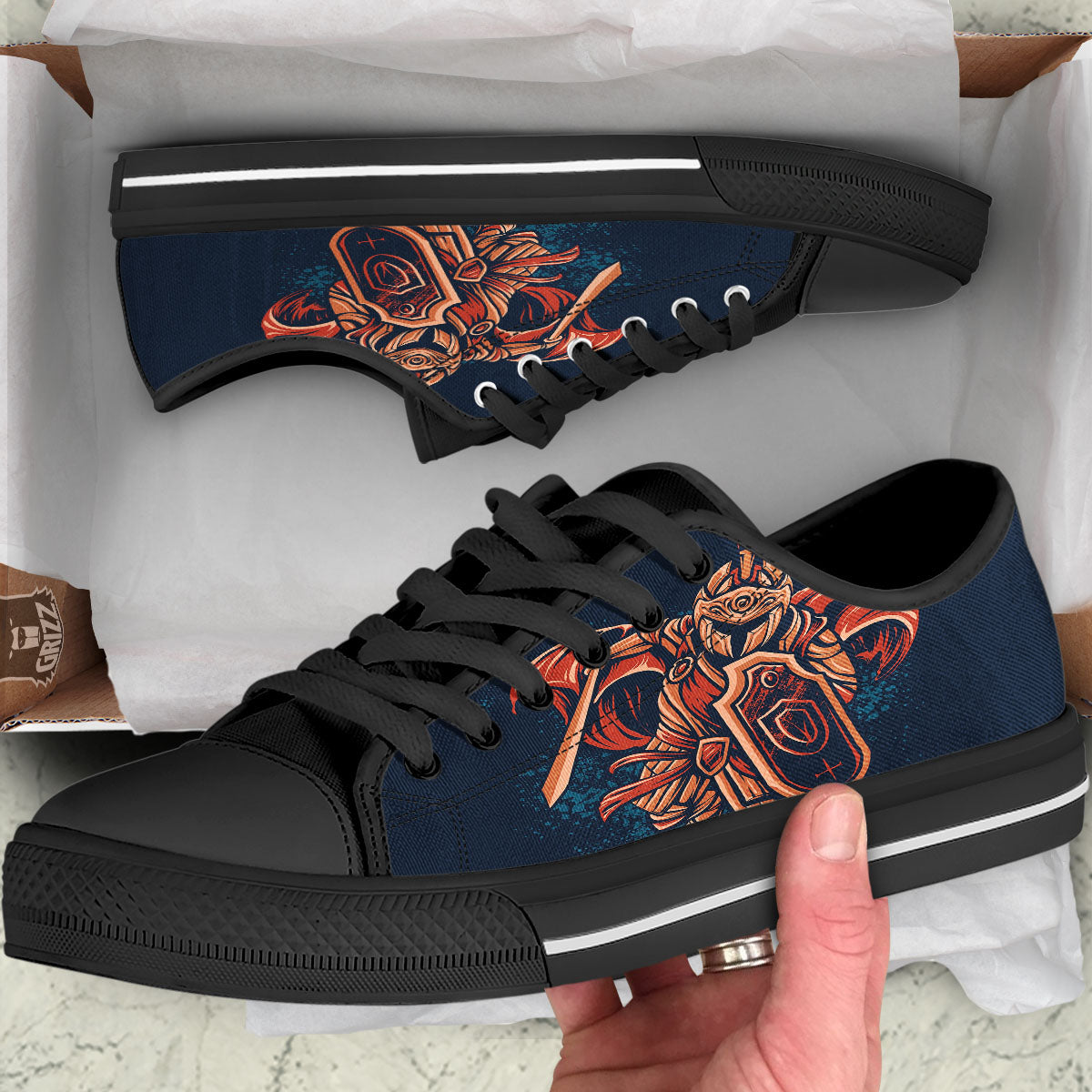 Warrior Spartan Print Black Low Top Shoes-grizzshop