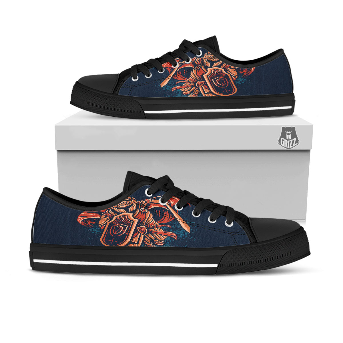 Warrior Spartan Print Black Low Top Shoes-grizzshop