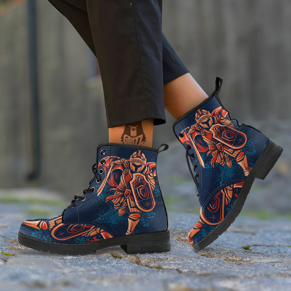 Warrior Spartan Print Leather Boots-grizzshop