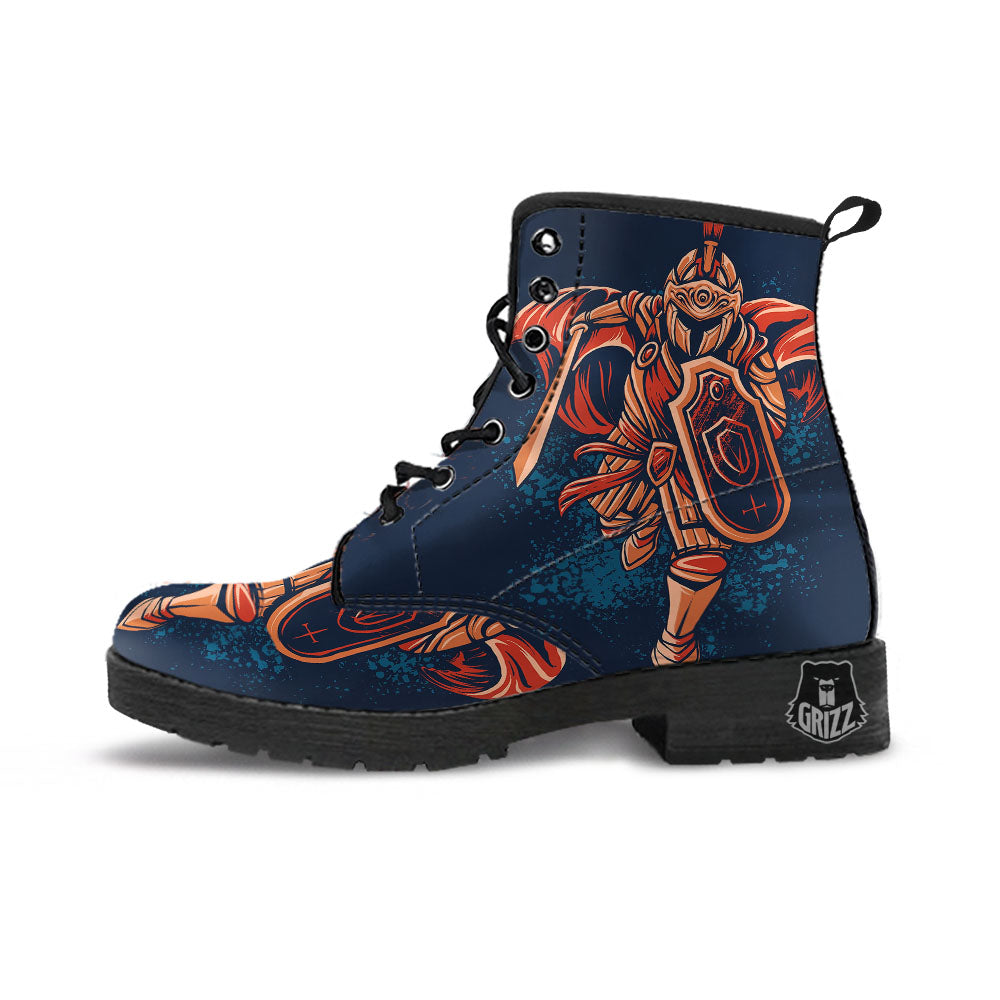 Warrior Spartan Print Leather Boots-grizzshop