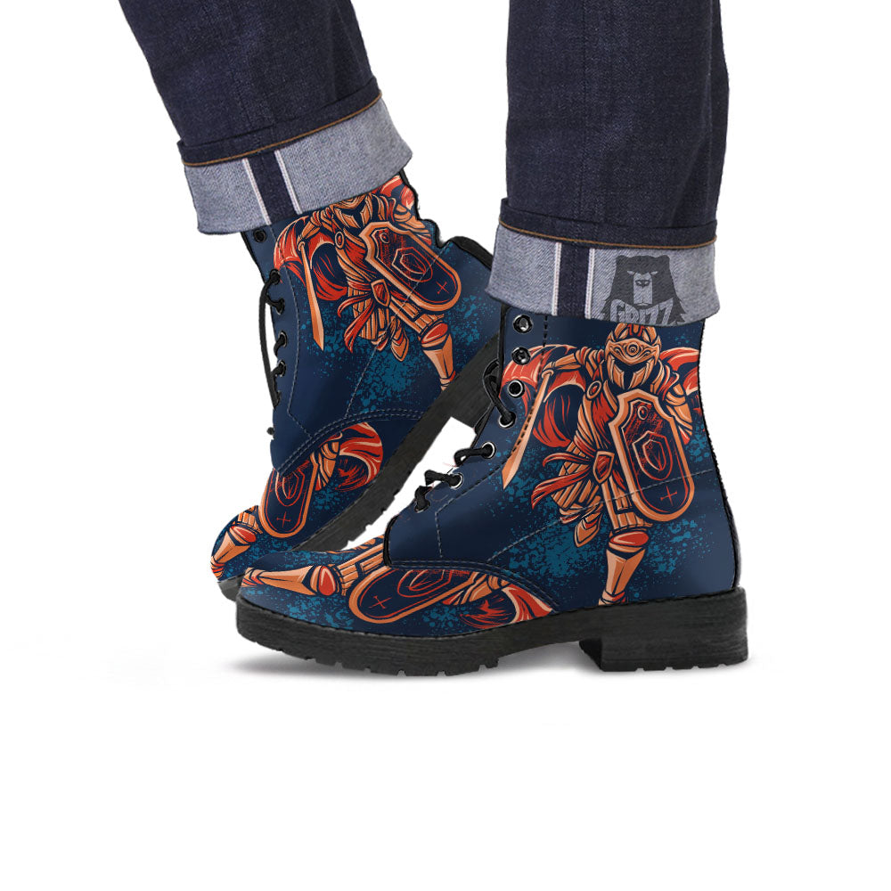 Warrior Spartan Print Leather Boots-grizzshop