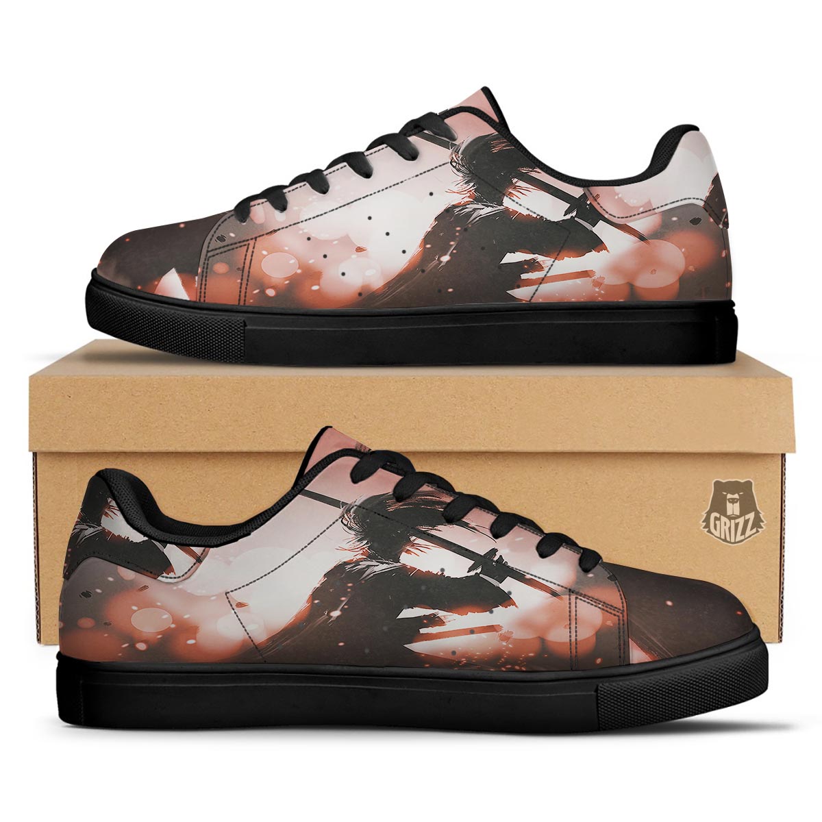 Warrior Sunset Samurai Print Black Low Top Sneakers-grizzshop