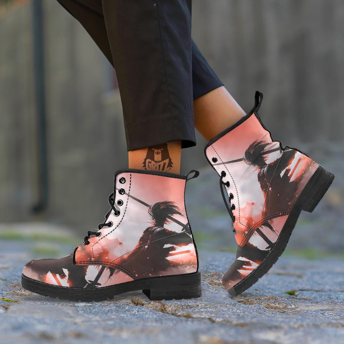 Warrior Sunset Samurai Print Leather Boots-grizzshop
