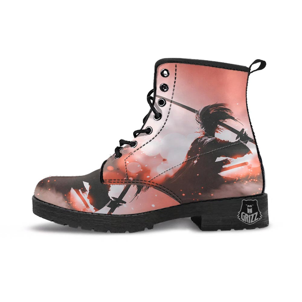 Warrior Sunset Samurai Print Leather Boots-grizzshop