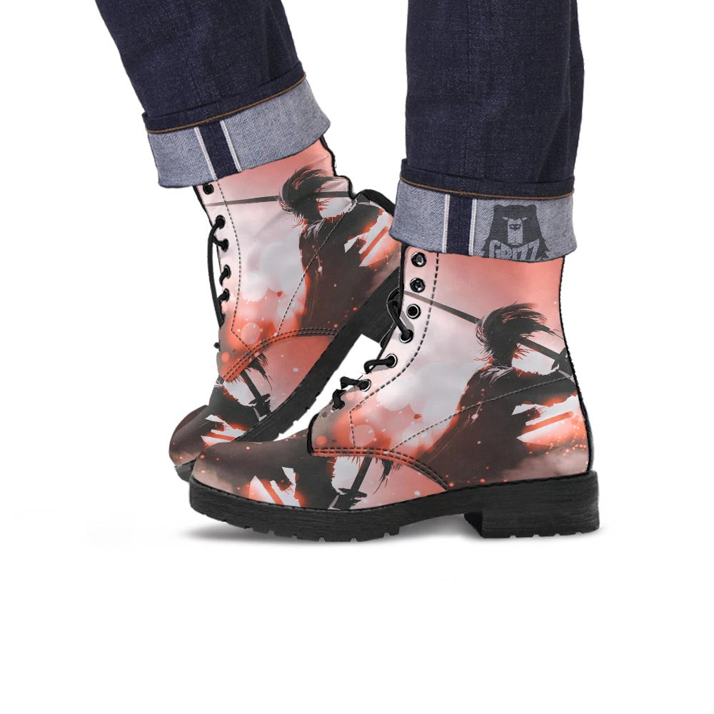 Warrior Sunset Samurai Print Leather Boots-grizzshop