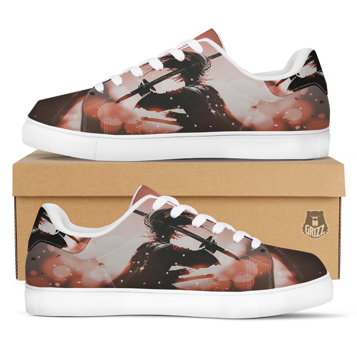 Warrior Sunset Samurai Print White Low Top Sneakers-grizzshop