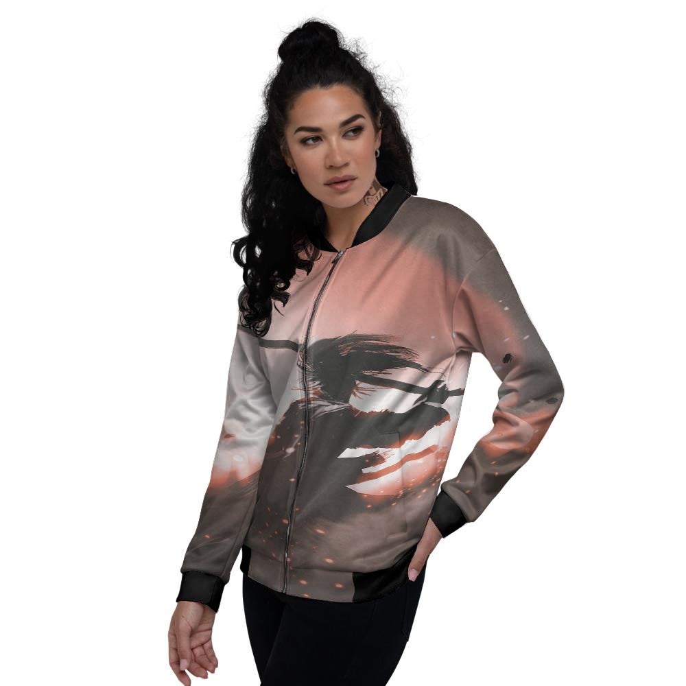 Warrior Sunset Samurai Print Women's Bomber Jacket-grizzshop