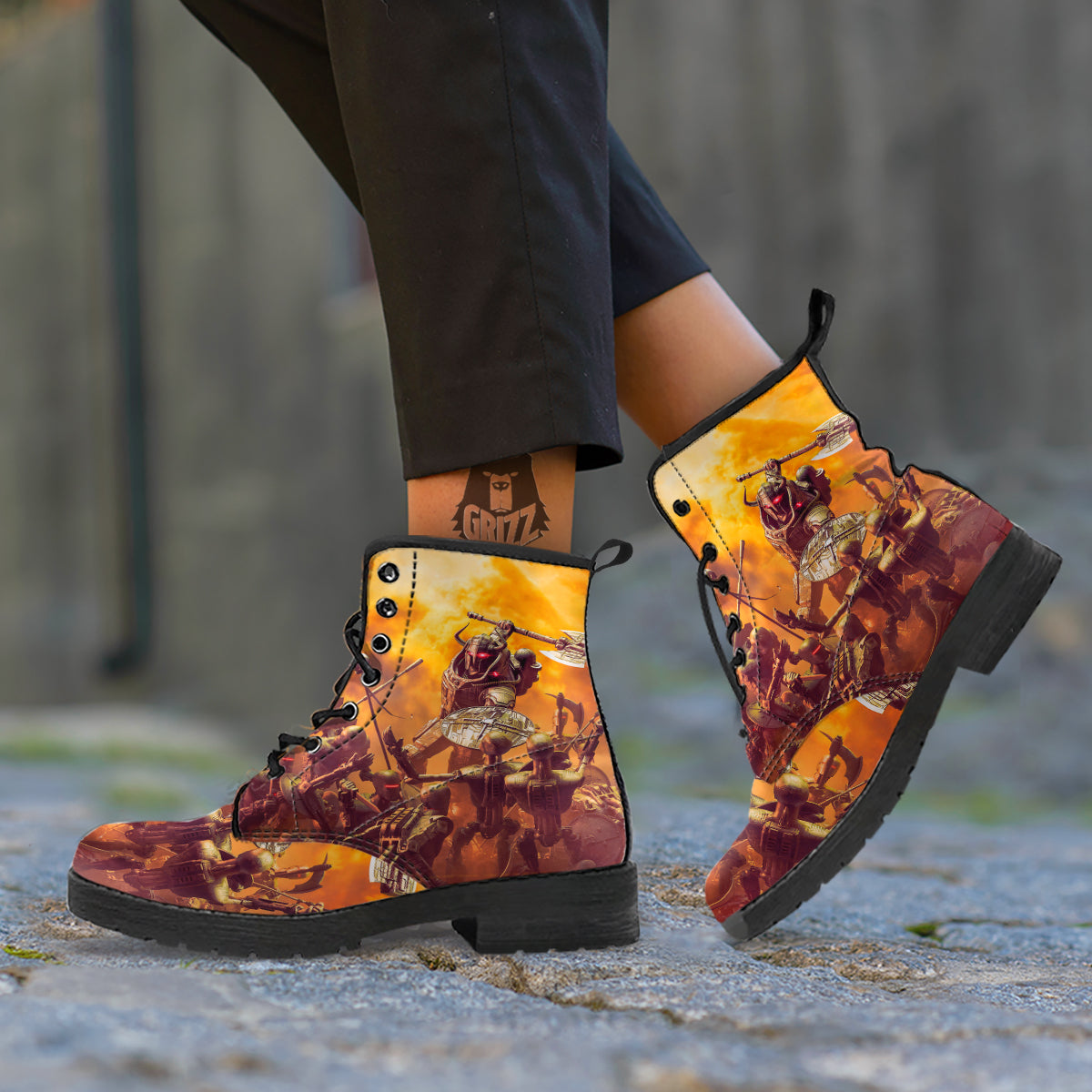 Warrior Viking Machine Print Leather Boots-grizzshop