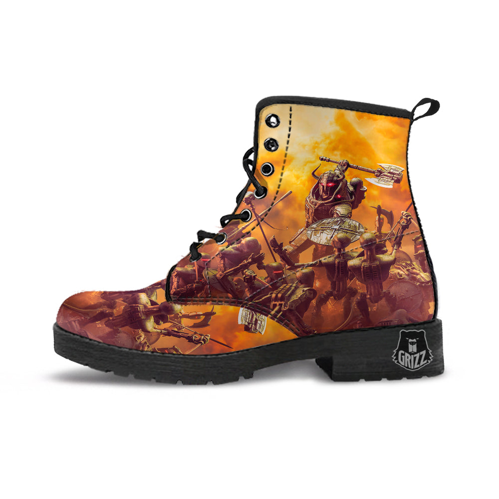 Warrior Viking Machine Print Leather Boots-grizzshop