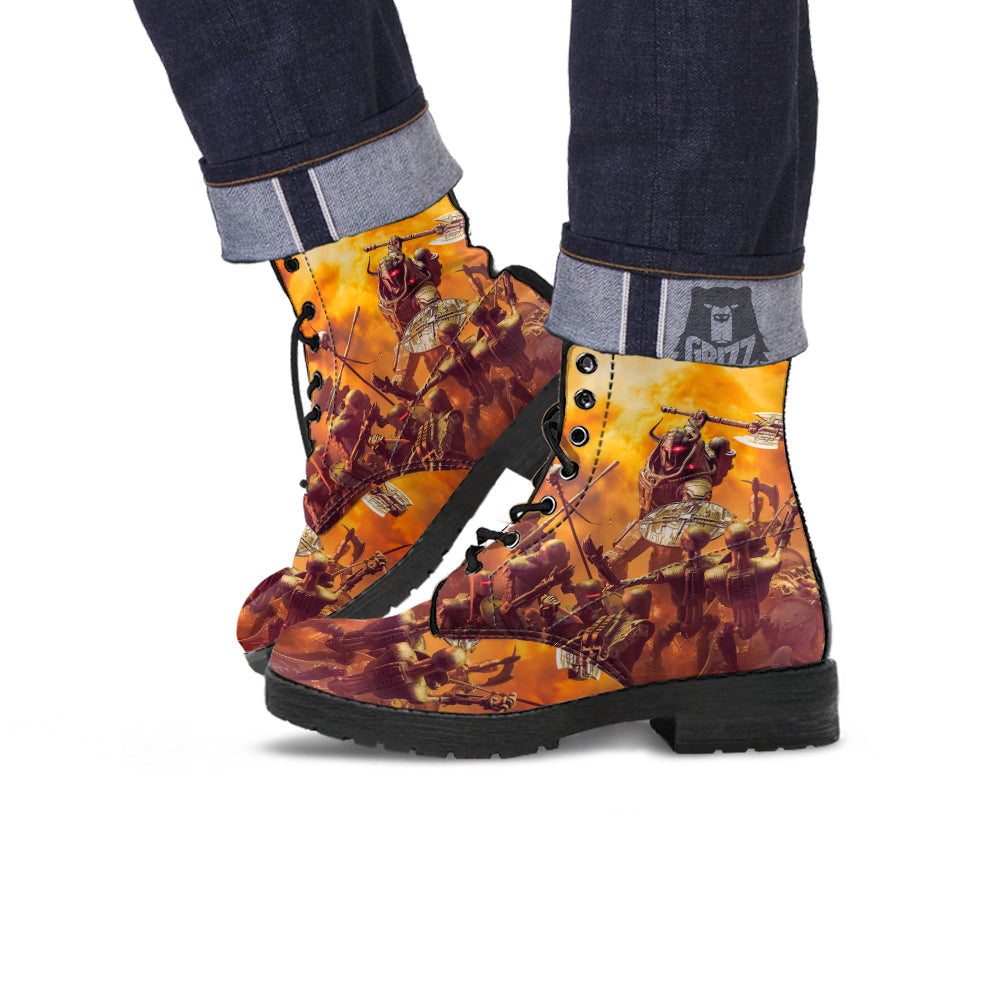 Warrior Viking Machine Print Leather Boots-grizzshop