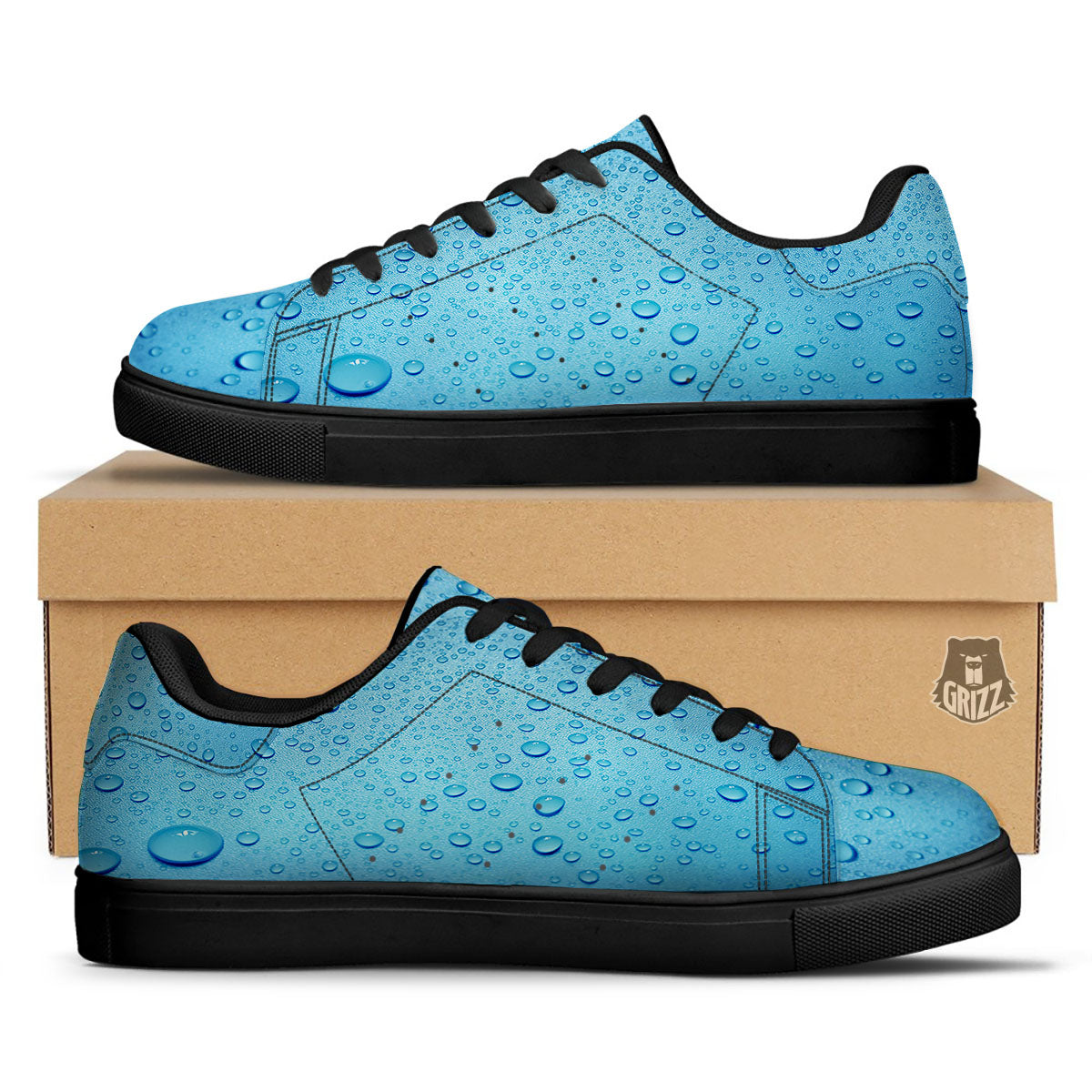 Water Drops Print Black Low Top Sneakers-grizzshop