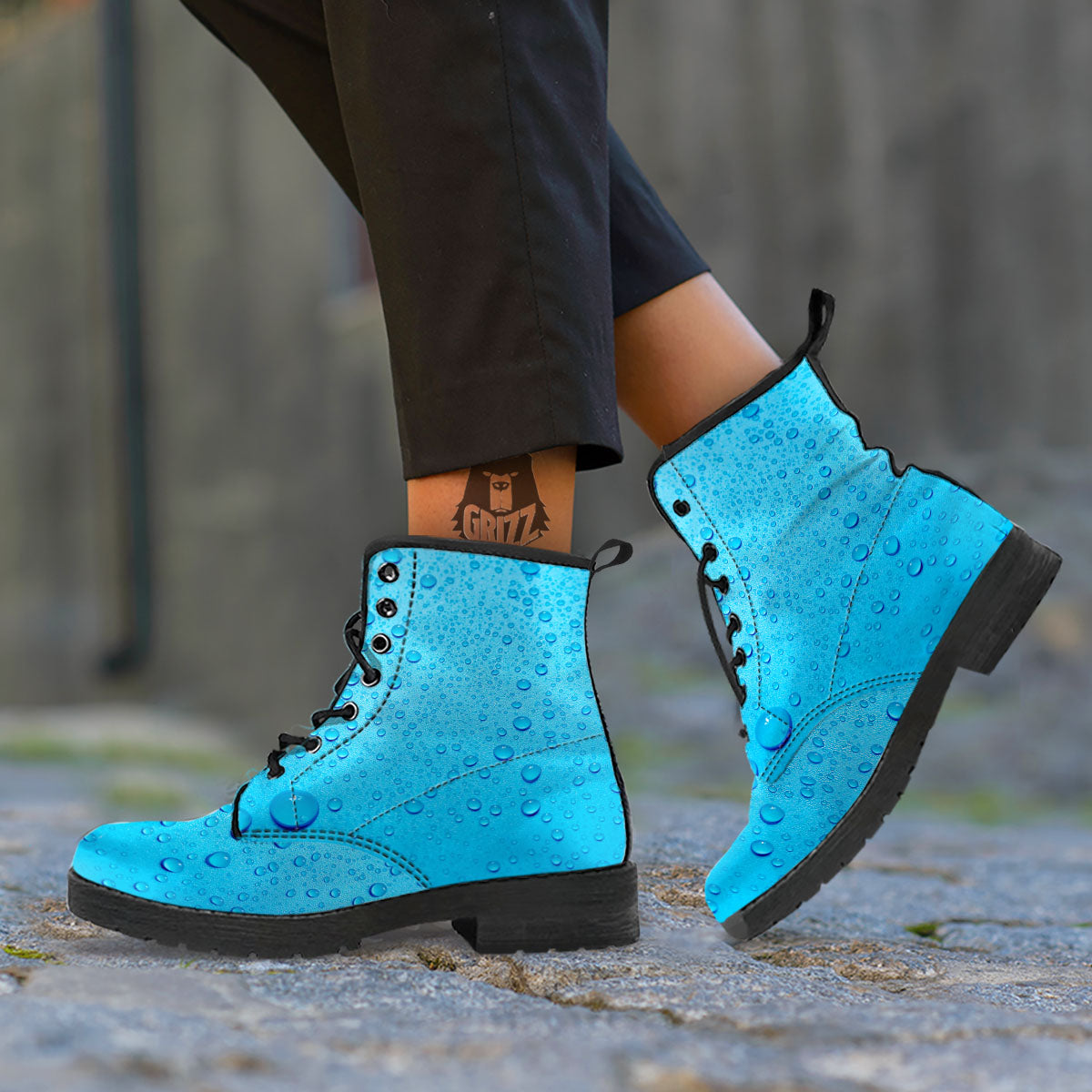 Water Drops Print Leather Boots-grizzshop