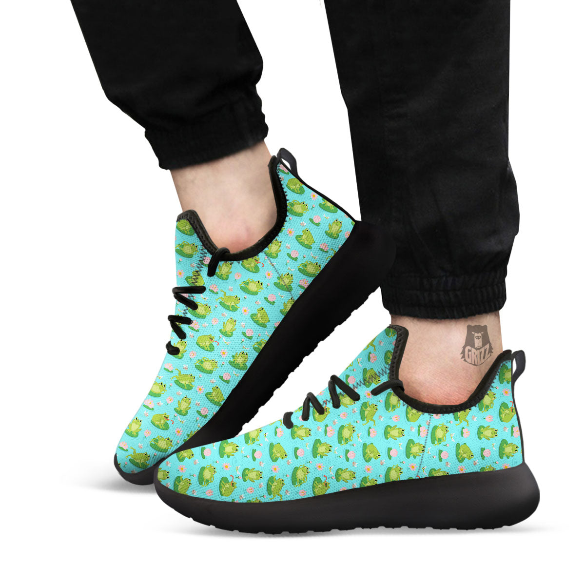 Water Lilies And Frogs Print Pattern Black Athletic Shoes-grizzshop