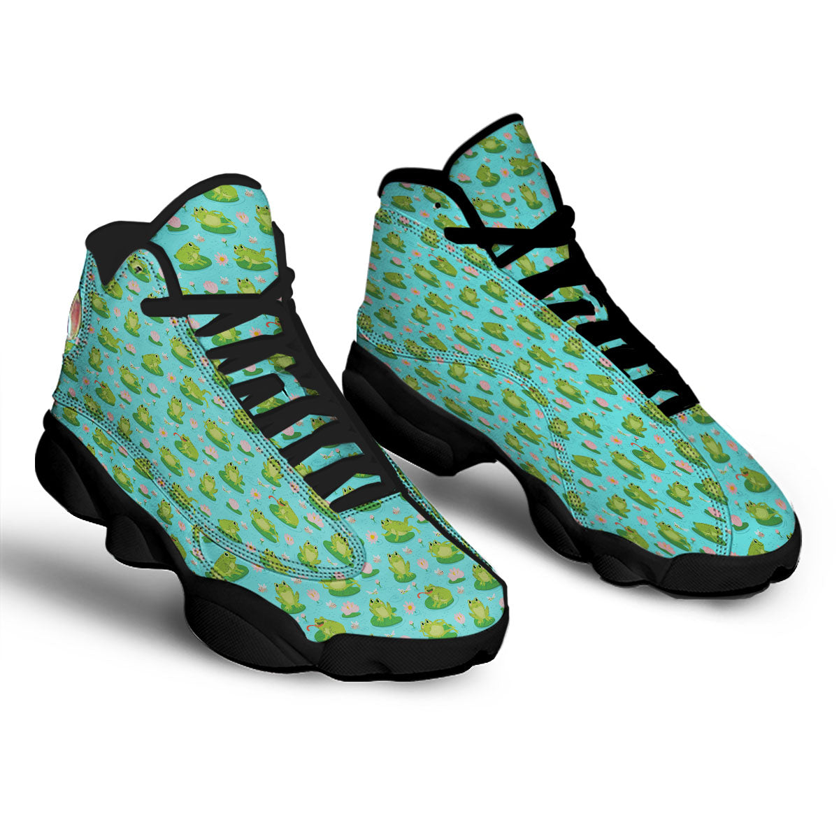 Water Lilies And Frogs Print Pattern Black Basketball Shoes-grizzshop