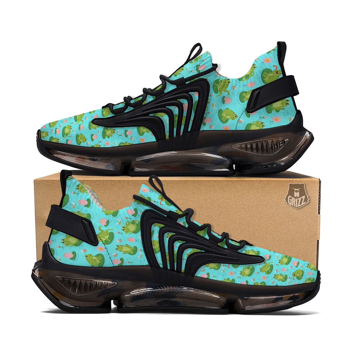 Water Lilies And Frogs Print Pattern Black Gym Shoes-grizzshop
