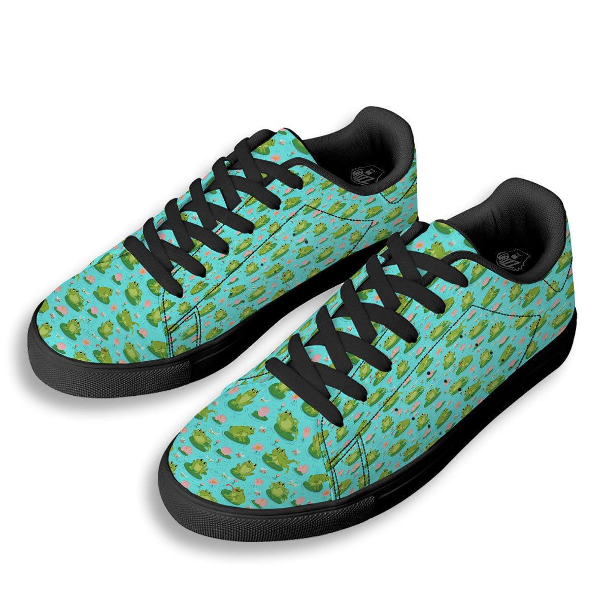 Water Lilies And Frogs Print Pattern Black Low Top Sneakers-grizzshop