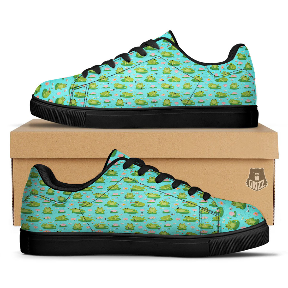 Water Lilies And Frogs Print Pattern Black Low Top Sneakers-grizzshop