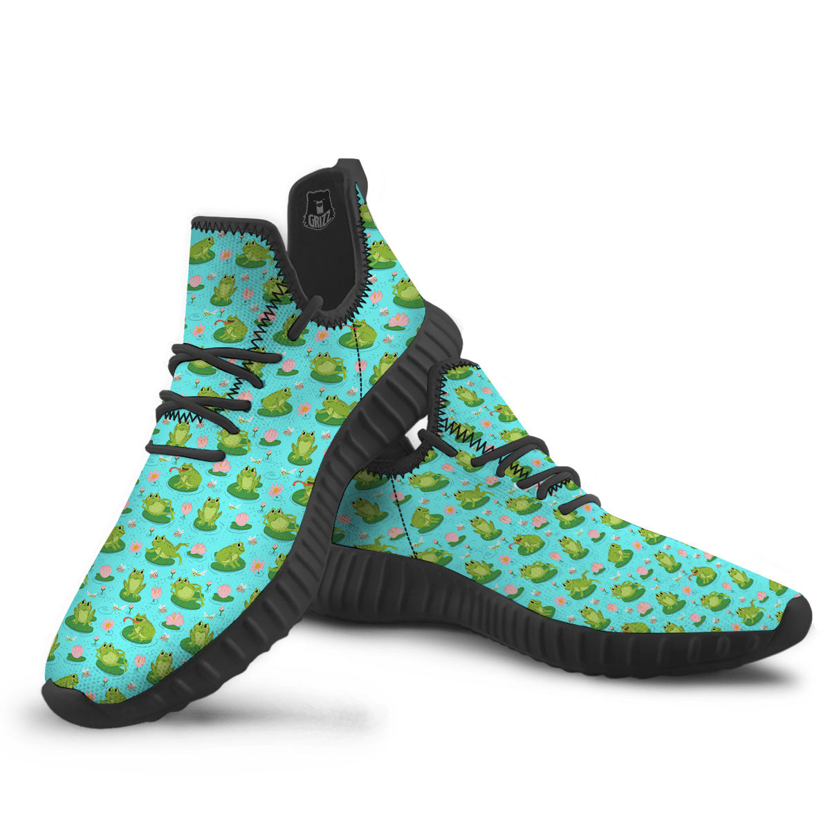 Water Lilies And Frogs Print Pattern Black Walking Shoes-grizzshop