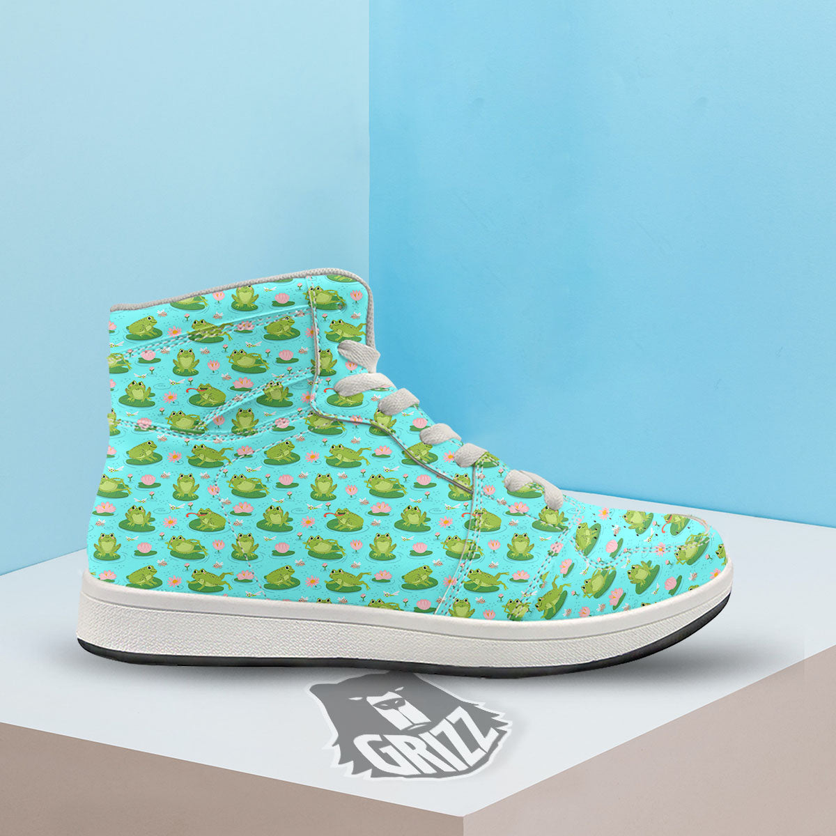 Water Lilies And Frogs Print Pattern High Top Sneakers-grizzshop
