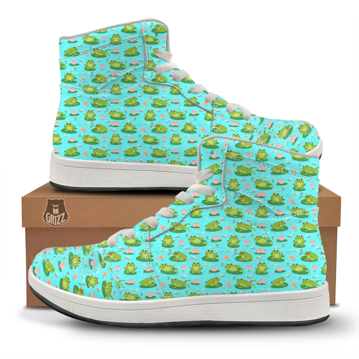 Water Lilies And Frogs Print Pattern High Top Sneakers-grizzshop