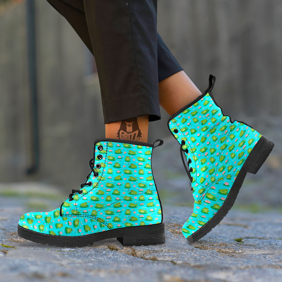 Water Lilies And Frogs Print Pattern Leather Boots-grizzshop