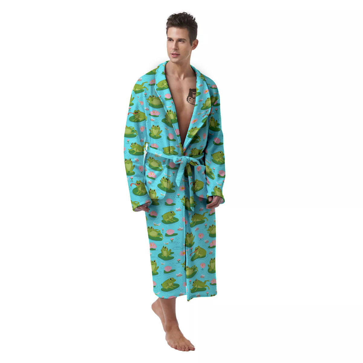 Water Lilies And Frogs Print Pattern Men's Robe-grizzshop