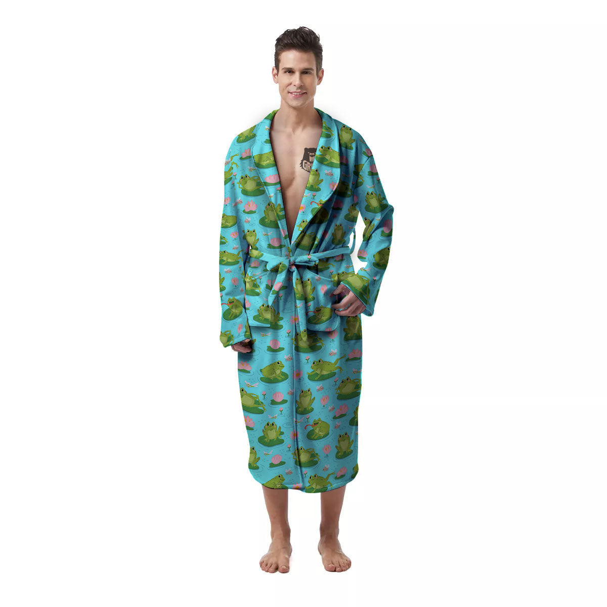 Water Lilies And Frogs Print Pattern Men's Robe-grizzshop