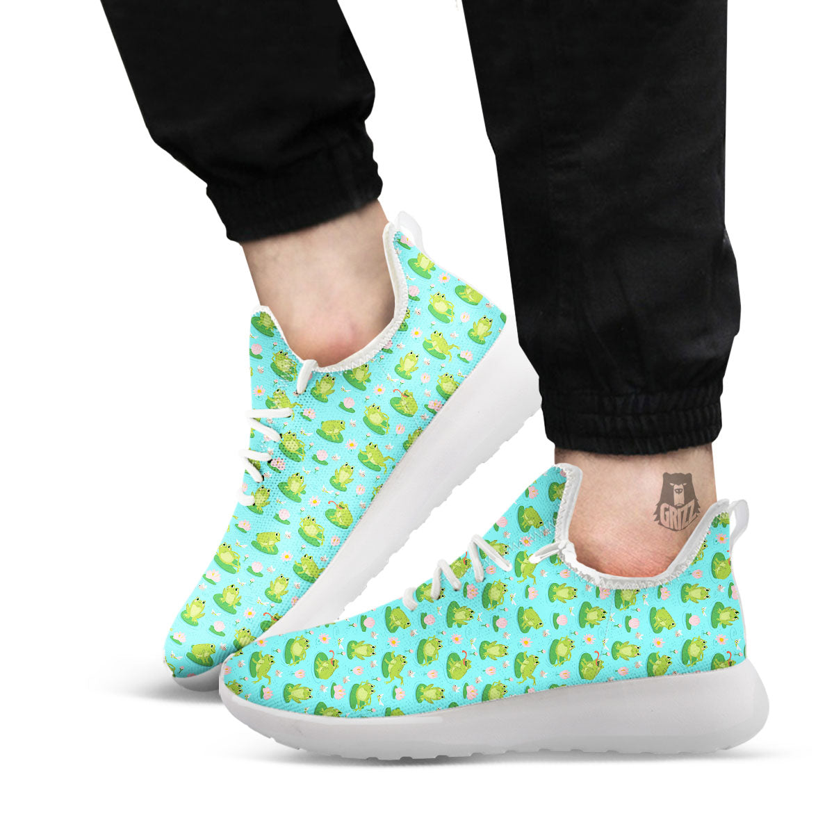Water Lilies And Frogs Print Pattern White Athletic Shoes-grizzshop