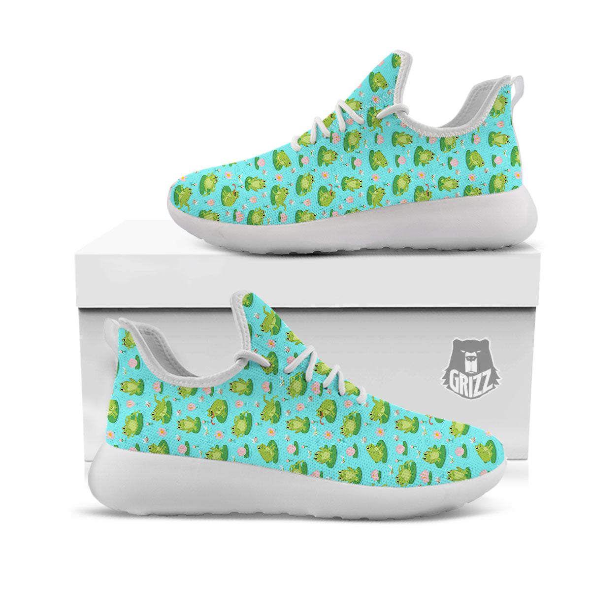 Water Lilies And Frogs Print Pattern White Athletic Shoes-grizzshop
