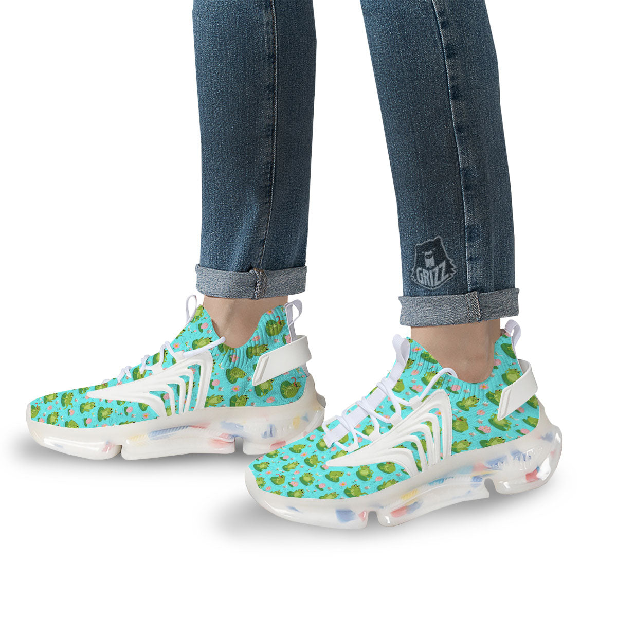 Water Lilies And Frogs Print Pattern White Gym Shoes-grizzshop