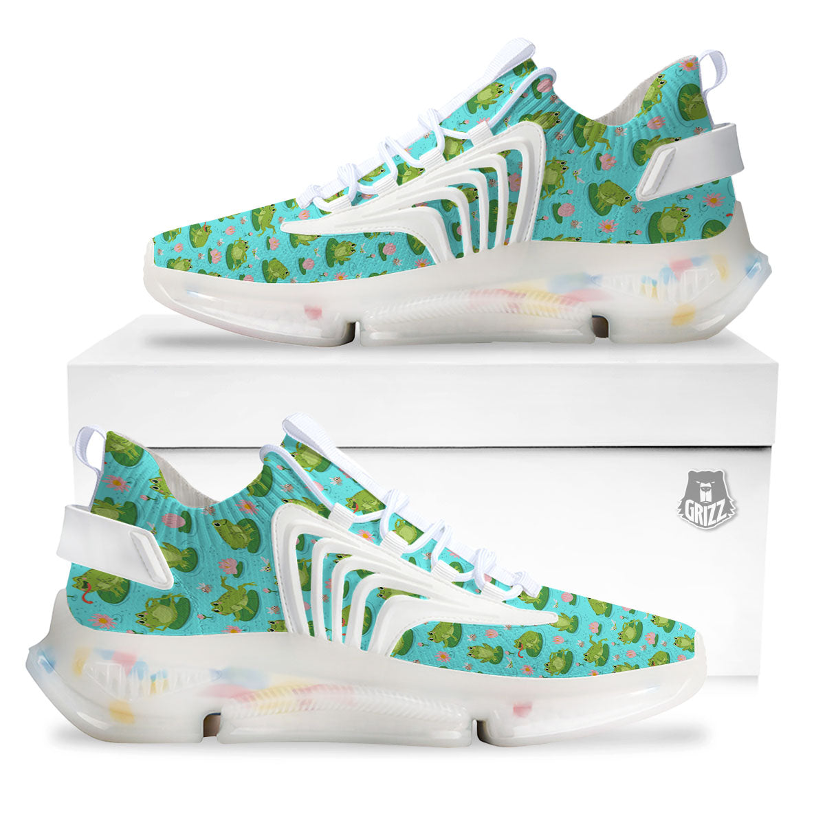 Water Lilies And Frogs Print Pattern White Gym Shoes-grizzshop