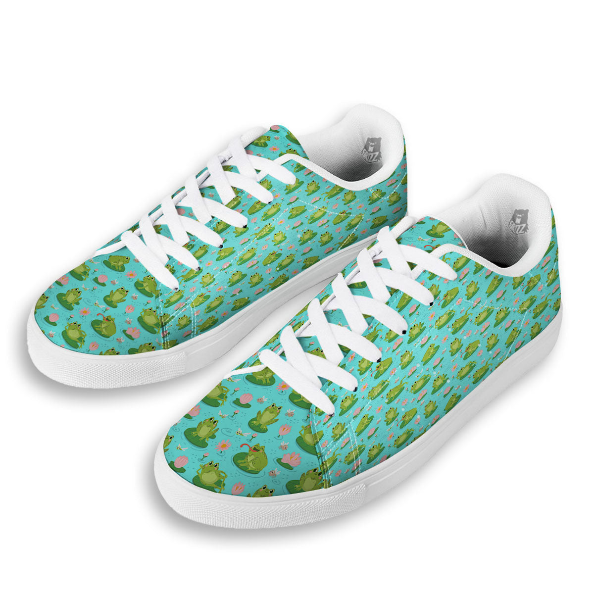Water Lilies And Frogs Print Pattern White Low Top Sneakers-grizzshop