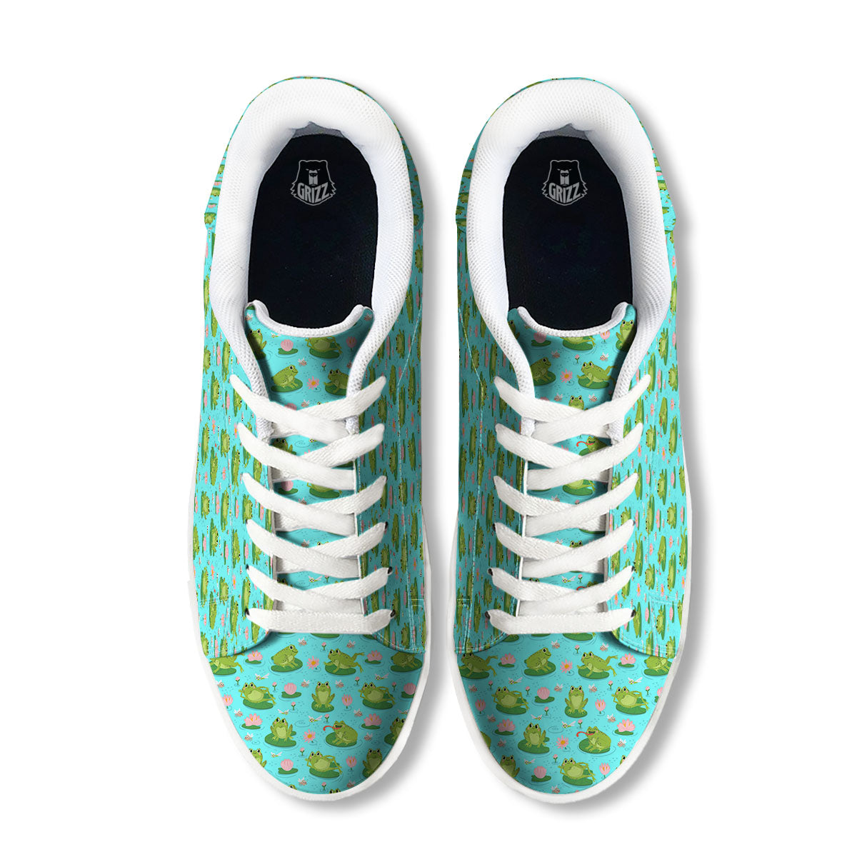 Water Lilies And Frogs Print Pattern White Low Top Sneakers-grizzshop