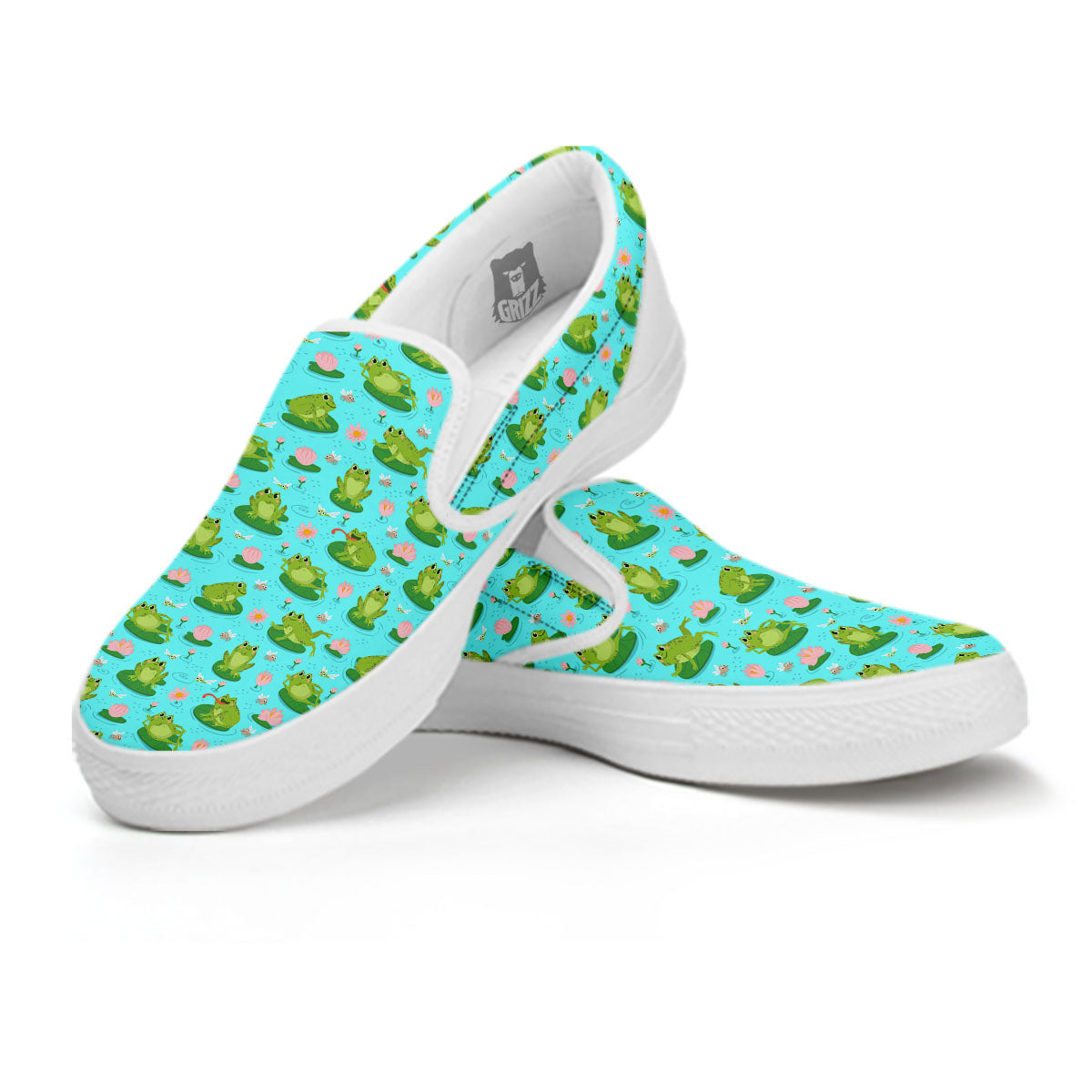 Water Lilies And Frogs Print Pattern White Slip On Shoes-grizzshop