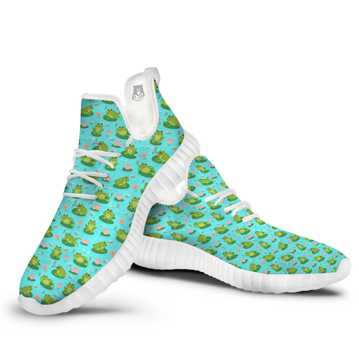 Water Lilies And Frogs Print Pattern White Walking Shoes-grizzshop