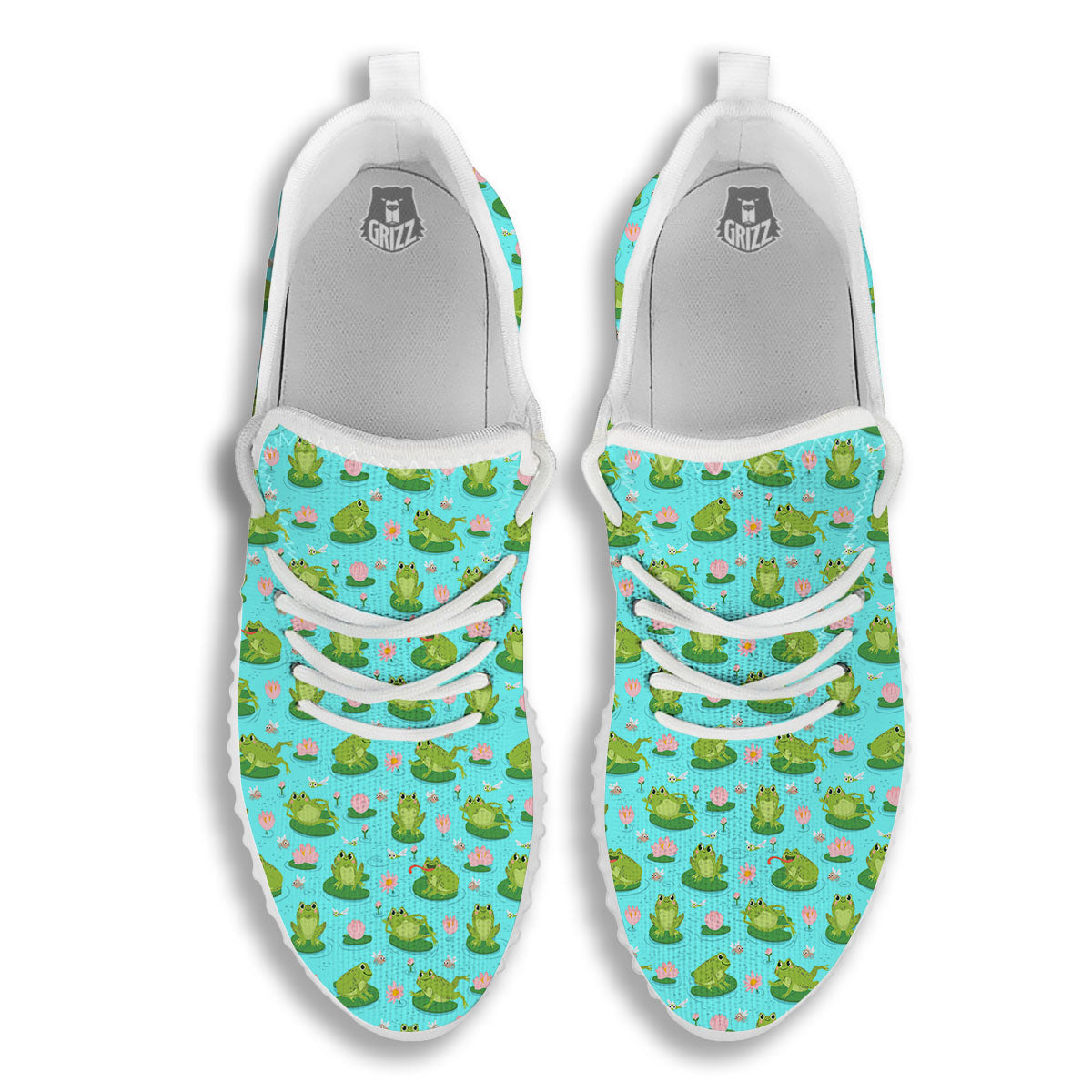 Water Lilies And Frogs Print Pattern White Walking Shoes-grizzshop