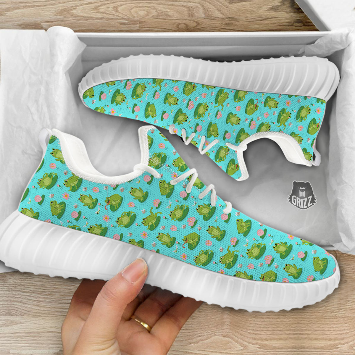 Water Lilies And Frogs Print Pattern White Walking Shoes-grizzshop