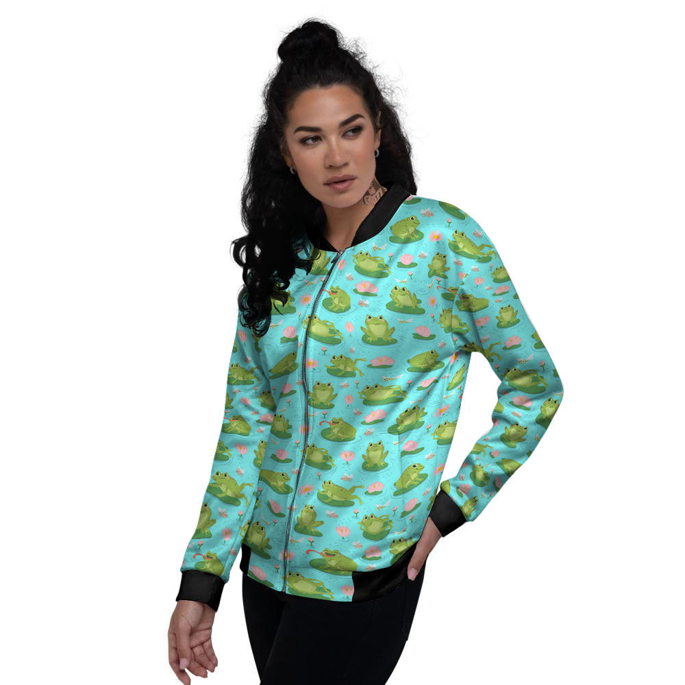 Water Lilies And Frogs Print Pattern Women's Bomber Jacket-grizzshop