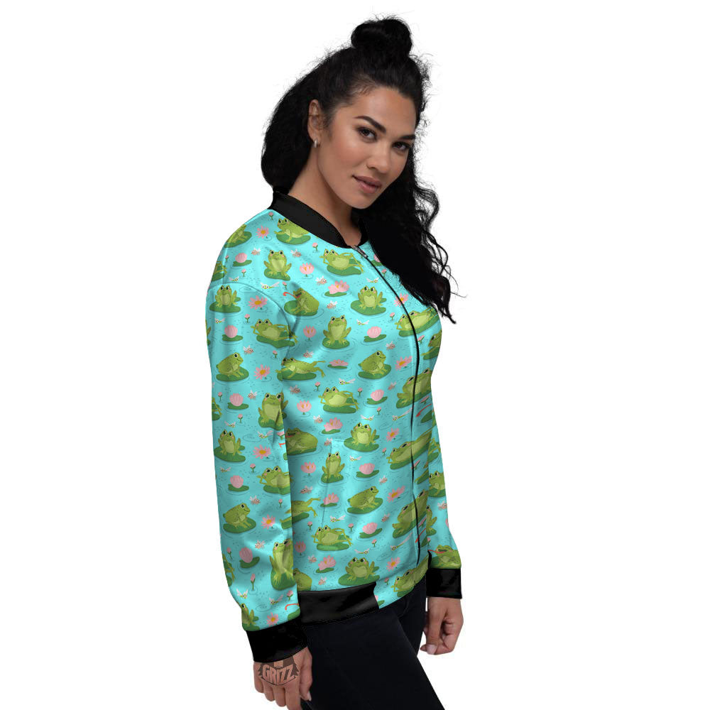 Water Lilies And Frogs Print Pattern Women's Bomber Jacket-grizzshop