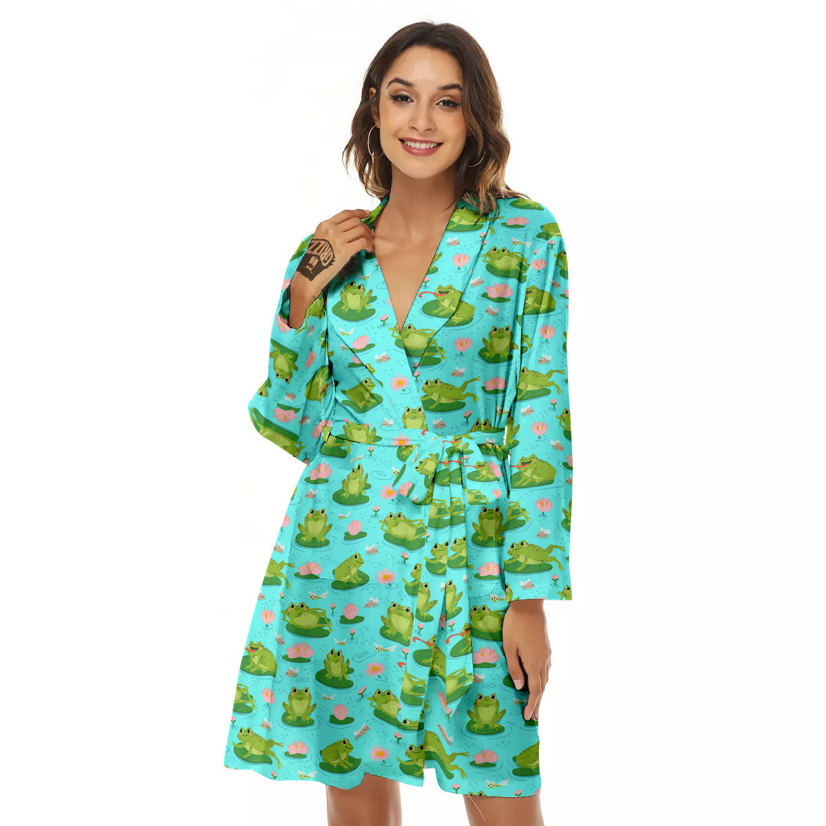 Water Lilies And Frogs Print Pattern Women's Robe-grizzshop