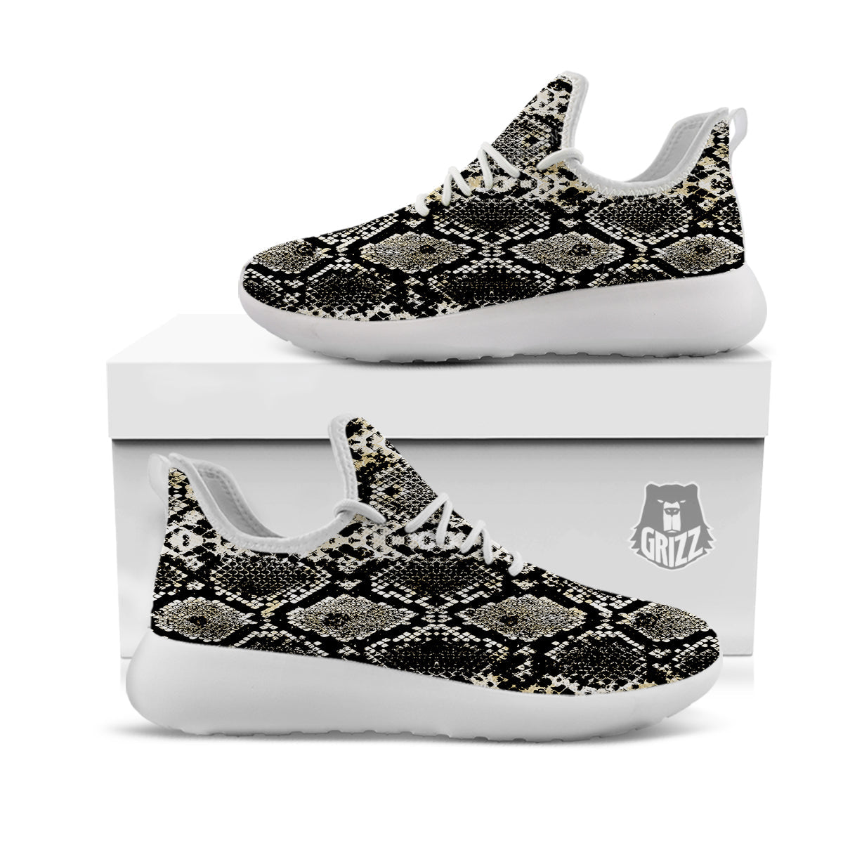 Watercolor Abstract Snake Animal Skin Print White Athletic Shoes-grizzshop