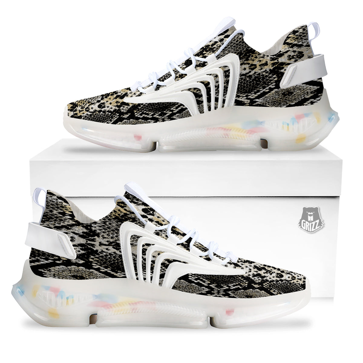 Watercolor Abstract Snake Animal Skin Print White Gym Shoes-grizzshop