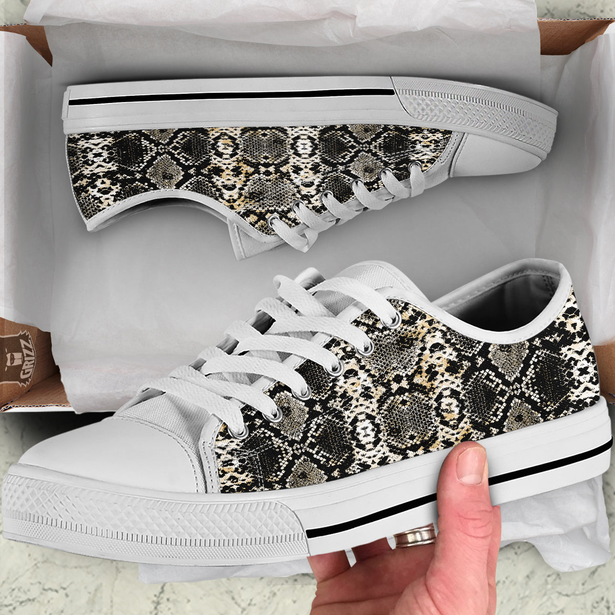 Watercolor Abstract Snake Animal Skin Print White Low Top Shoes-grizzshop